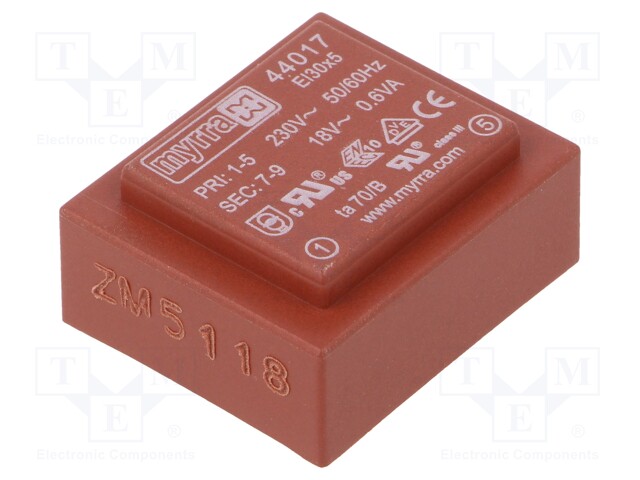 Transformer: encapsulated; 0.6VA; 230VAC; 18V; 33mA; Mounting: PCB
