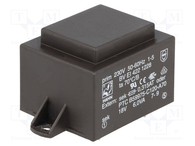Transformer: encapsulated; 6VA; 230VAC; 18V; 334mA; Mounting: PCB