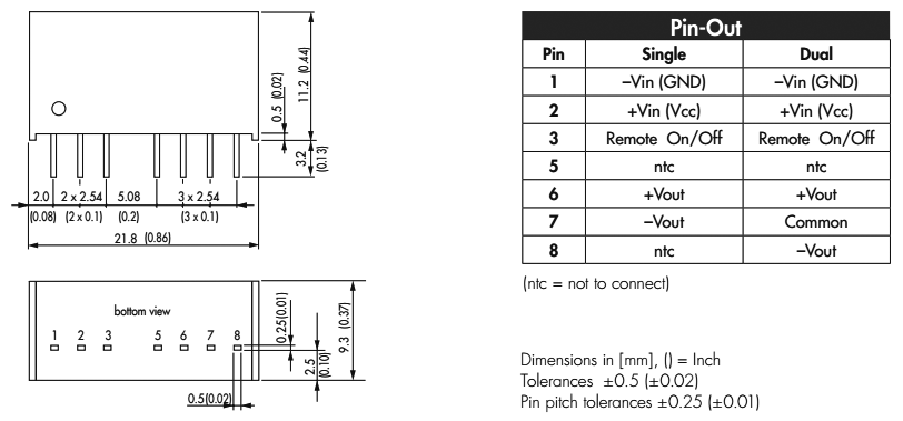 Converter: DC/DC; 2W; Uin: 4.5÷18V; Uout: 15VDC; Iout: 134mA; SIP8