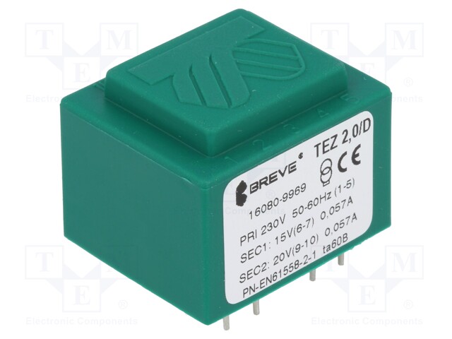 Transformer: encapsulated; 2VA; 230VAC; 15V; 20V; Mounting: PCB
