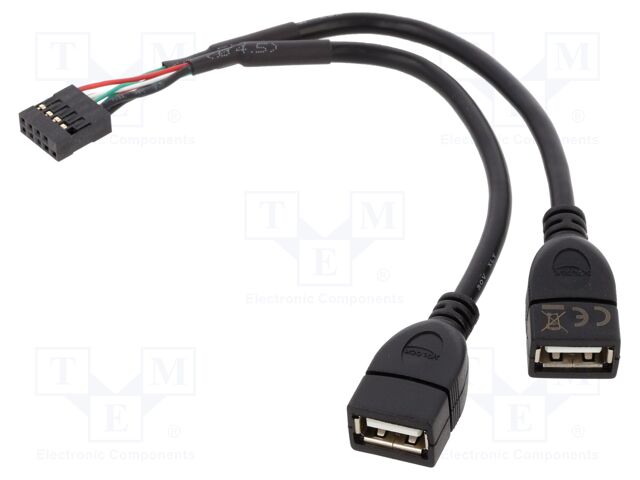 Cable; USB 2.0; USB A socket x2,10pin pin header; 0.2m; black