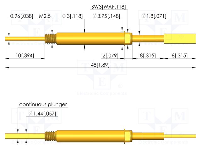 Test needle; Spring compression: 6.4mm; 8mm; 5A; brass; Ø: 2.5mm