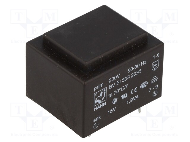 Transformer: encapsulated; 1.9VA; 230VAC; 15V; 126mA; Mounting: PCB