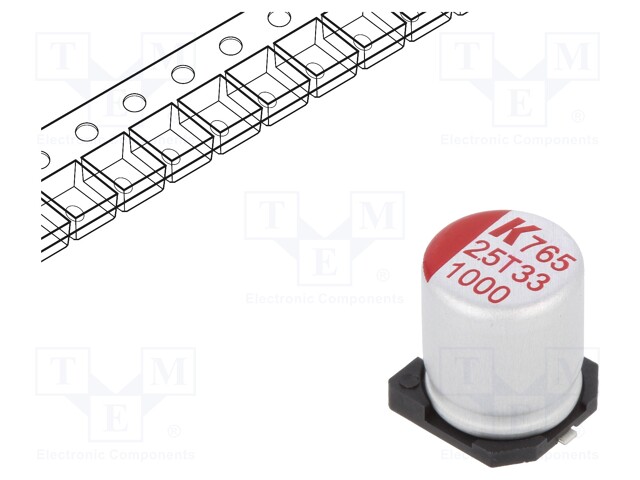 Polymer Aluminium Electrolytic Capacitor, 1000 µF, 2.5 V, Radial Can - SMD, A765 Series, 0.012 ohm