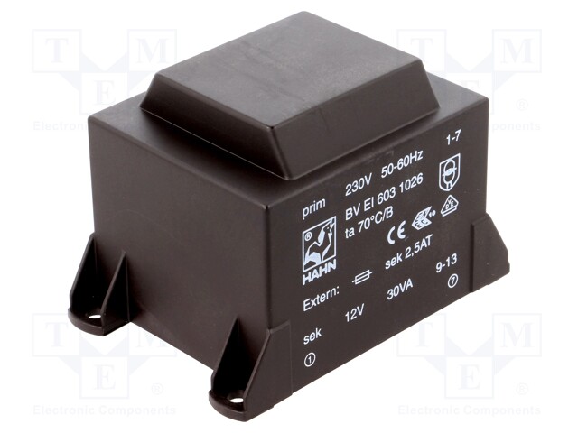 Transformer: encapsulated; 30VA; 230VAC; 12V; 2500mA; Mounting: PCB