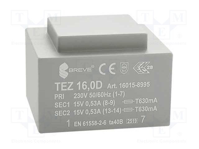 Transformer: encapsulated; 16VA; 230VAC; 15V; 15V; 533.3mA; 533.3mA