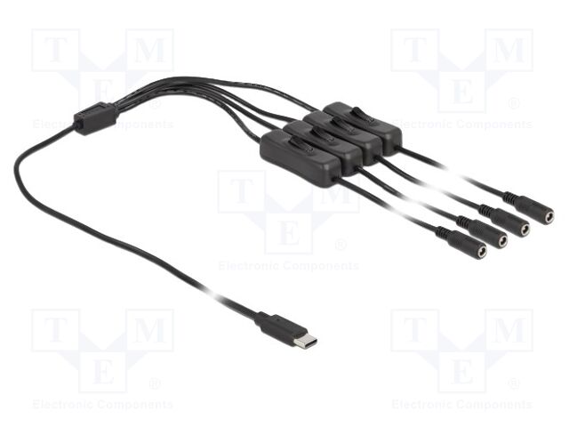 Cable; USB C plug,DC 5,5/2,1 socket x4; straight; black; 1m; 10W