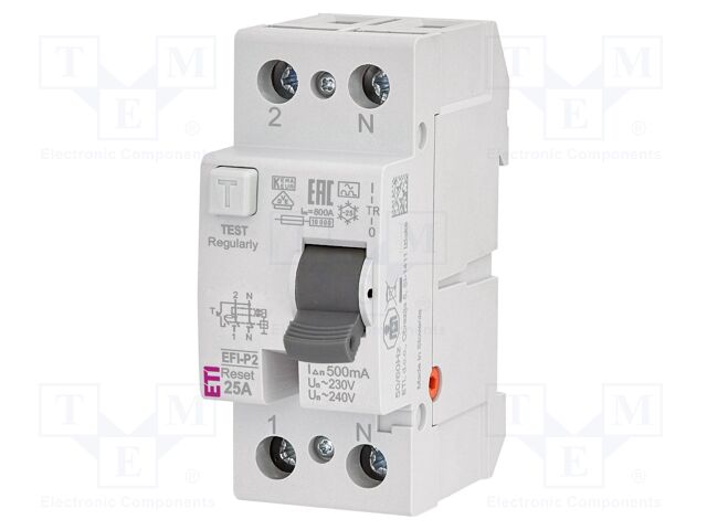 RCD breaker; Inom: 25A; Ires: 500mA; Poles: 2; 230V,240V; IP20; EFI