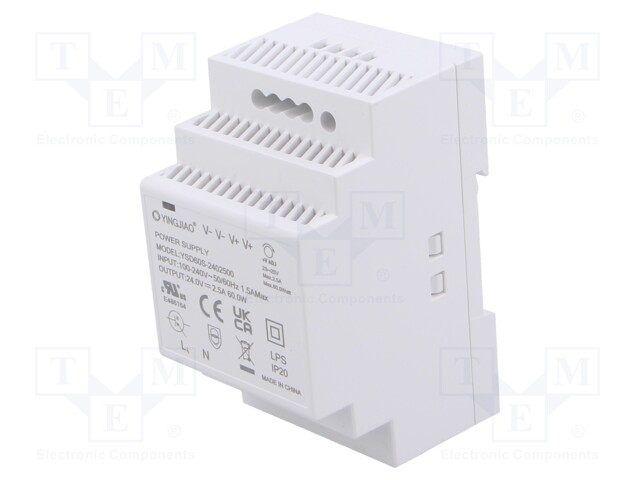 Power supply: switched-mode; for DIN rail; 60W; 24VDC; 2.5A; OUT: 1
