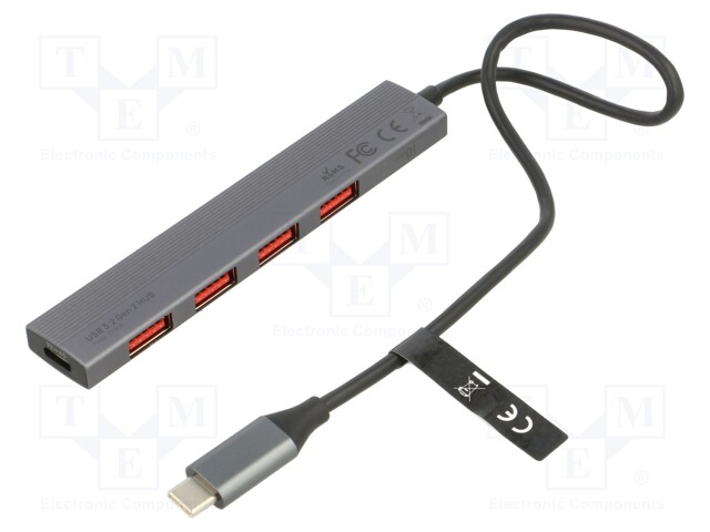 Hub USB; USB A socket x4,USB C socket,USB C plug; grey; 0.25m