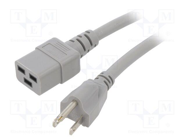 Cable; 3x14AWG; IEC C19 female,NEMA 5-15 (B) plug; PVC; 3m; grey