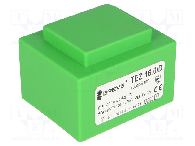 Transformer: encapsulated; 16VA; 400VAC; 9V; 1777.7mA; IP00; 420g