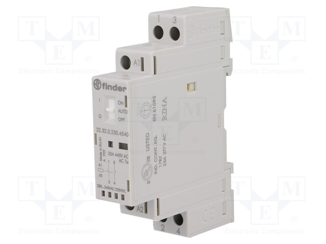 Relay: installation; monostable; NC + NO; Ucoil: 230VAC; 25A; IP20