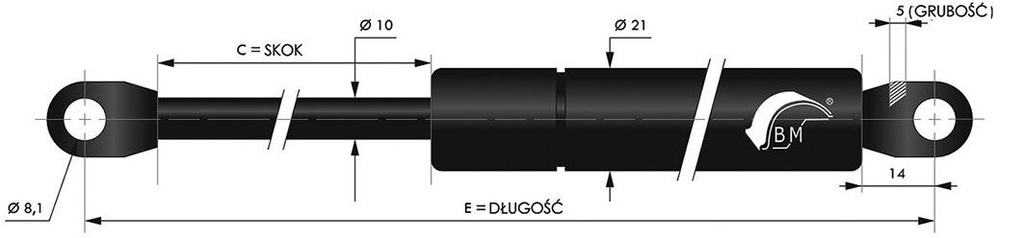 Gas spring; E: 470mm; Features: with welded steel eyes; Øout: 21mm