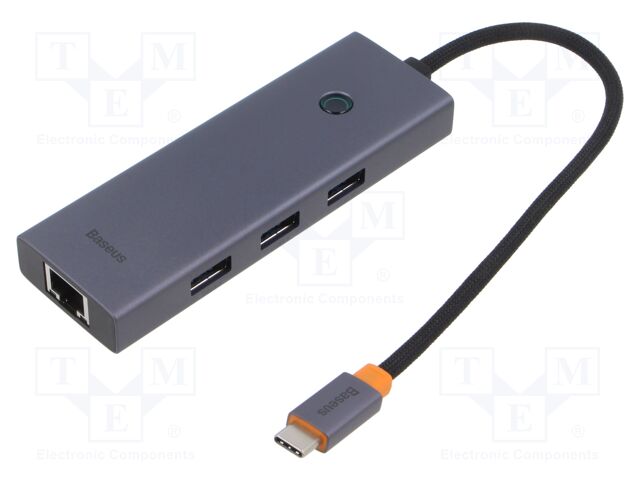 Hub USB; RJ45 socket,USB A socket x3,USB C plug; grey; 0.22m