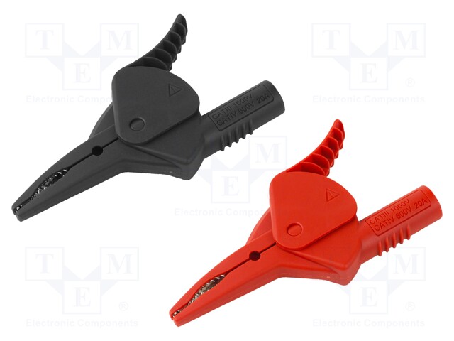 Crocodile clip; 20A; black,red; Grip capac: max.34.5mm; L: 100.8mm