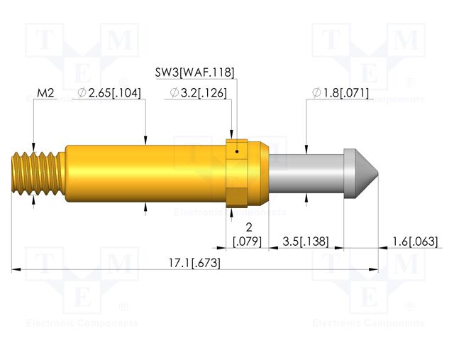 Test needle; Spring compression: 2.8mm; 3.5mm; 5A; CuBe; Ø: 2.3mm