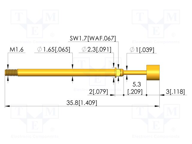Test needle; Spring compression: 4mm; 5.3mm; 8A; CuBe; gold-plated