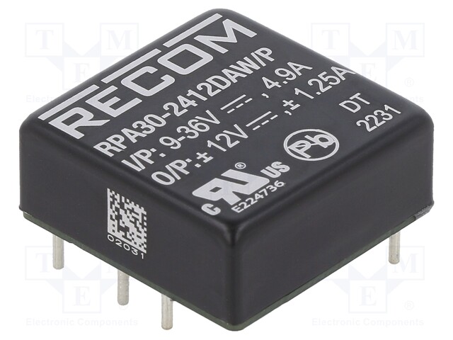 Converter: DC/DC; 30W; Uin: 9÷36V; Uout: 12VDC; Uout2: -12VDC; 1"x1"
