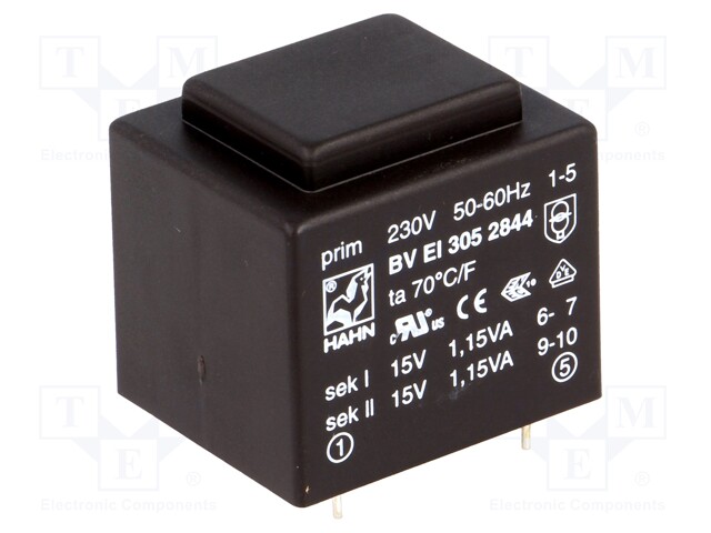 Transformer: encapsulated; 2.3VA; 230VAC; 15V; 15V; 76mA; 76mA; 111g