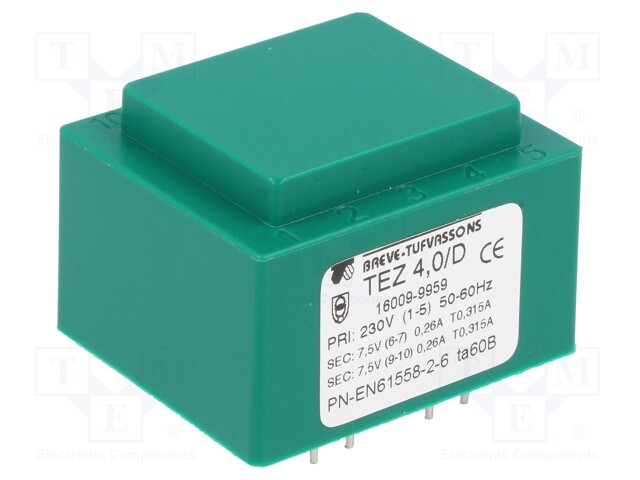 Transformer: encapsulated; 4VA; 230VAC; 7.5V; 7.5V; 266.6mA; IP00
