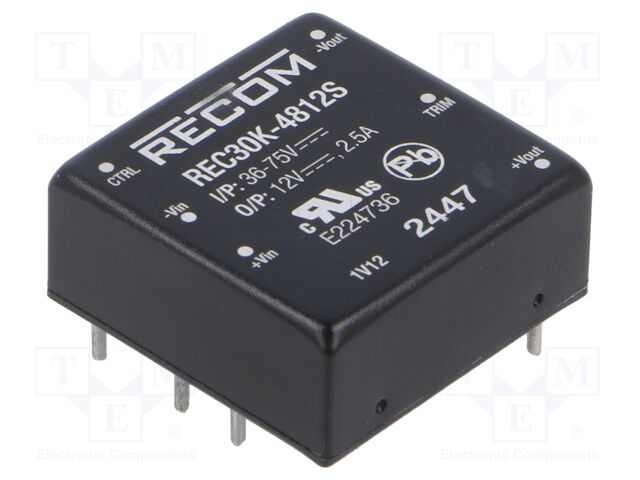 Converter: DC/DC; 30W; Uin: 36÷75V; Uout: 12VDC; 1"x1"; REC30K