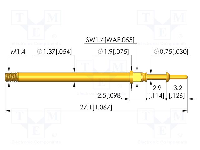 Test needle; Spring compression: 2mm; 2.75mm; 5A; CuBe; Ø: 0.65mm