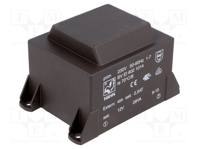 Transformer: encapsulated; 28VA; 230VAC; 12V; 2334mA; Mounting: PCB