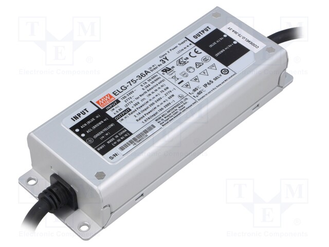 Power supply: switched-mode; LED; 75.6W; 36VDC; 32.4÷39.6VDC; IP65