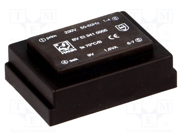Transformer: encapsulated; 1.6VA; 230VAC; 9V; 178mA; Mounting: PCB