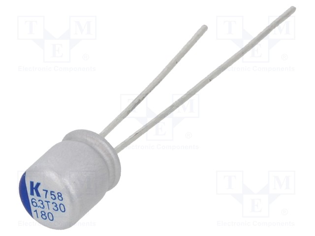 Polymer Aluminium Electrolytic Capacitor, 180 µF, 6.3 V, Radial Leaded, A758 Series, 0.018 ohm