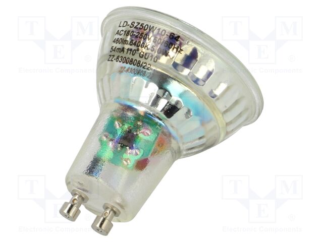 LED lamp; cool white; GU10; 230VAC; 460lm; 5W; 110°; 6400K