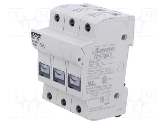 Fuse base; 10x38mm; for DIN rail mounting; 32A; 690VAC; Poles: 3