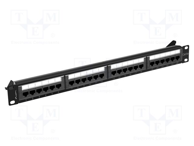 Patch panel; black; Number of ports: 24; Cat: 6a; RJ45 socket x24