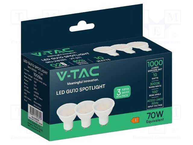 LED lamp; white warm; GU10; 220÷240VAC; 1000lm; P: 10W; 120°; 3000K