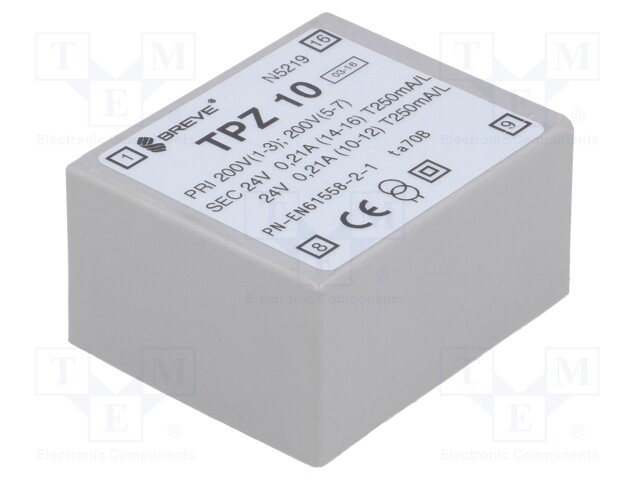 Transformer: mains; 10VA; 200/400VAC; 24V; 24V; Mounting: PCB