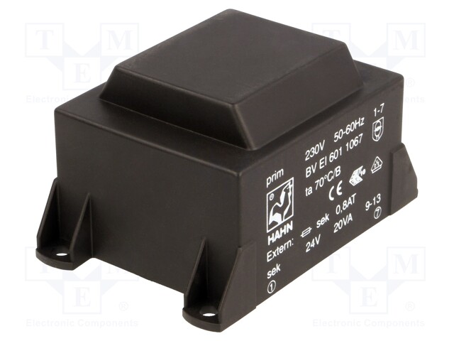 Transformer: encapsulated; 20VA; 230VAC; 24V; 834mA; Mounting: PCB