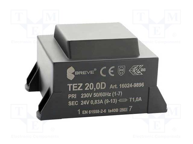 Transformer: encapsulated; 20VA; 230VAC; 24V; 833.3mA; IP00; 600g