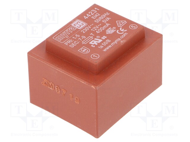 Transformer: encapsulated; 5VA; 230VAC; 12V; 417mA; Mounting: PCB
