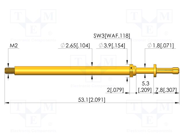 Test needle; Spring compression: 4mm; 5.3mm; 16A; CuBe; Ø: 2mm; 10N
