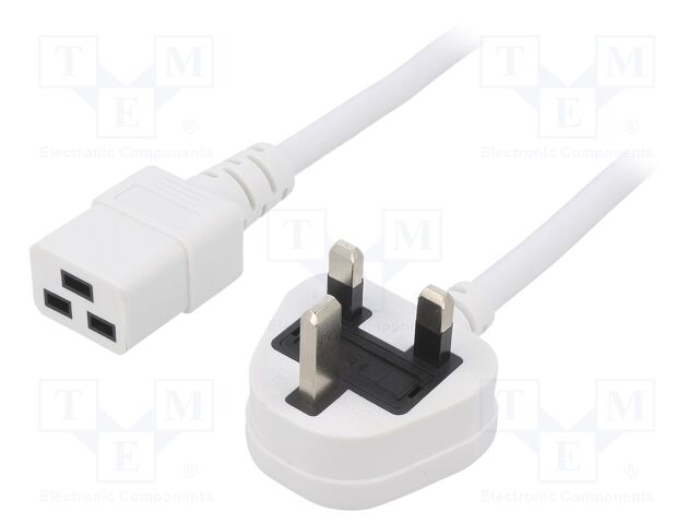 Cable; 3x1.5mm2; BS 1363 (G) plug,IEC C19 female; PVC; 5m; white