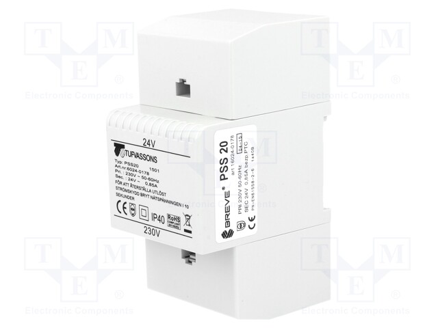 Transformer: safety; 20VA; 230VAC; 24V; IP30; Mounting: DIN; 0.54kg