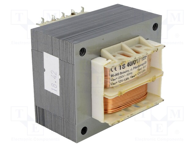 Transformer: mains; 40VA; 230VAC; 12V; 12V; 1.6A; 1.6A; IP00