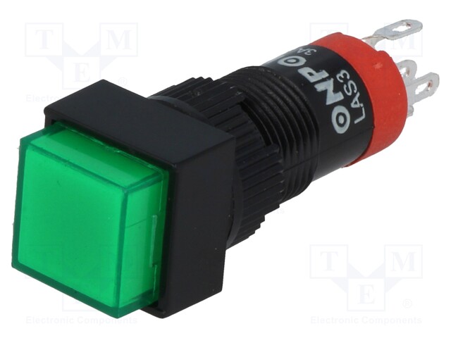 Switch: push-button; Pos: 2; SPDT; 0.5A/250VAC; 1A/24VDC; green