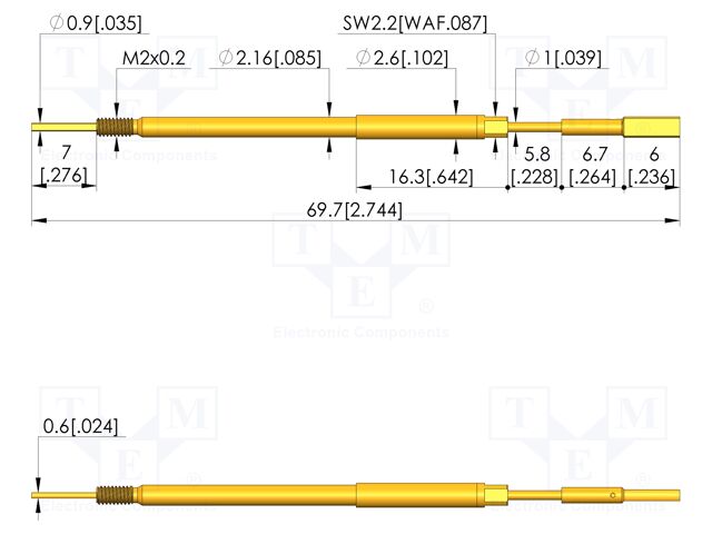 Test needle; Spring compression: 5mm; 5.5mm; 8A; steel; Ø: 2.2mm