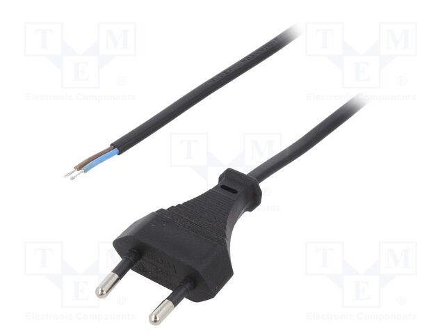 Cable; CEE 7/16 (C) plug,wires; 1.6m; black; PVC; 2x0,5mm2; 2.5A