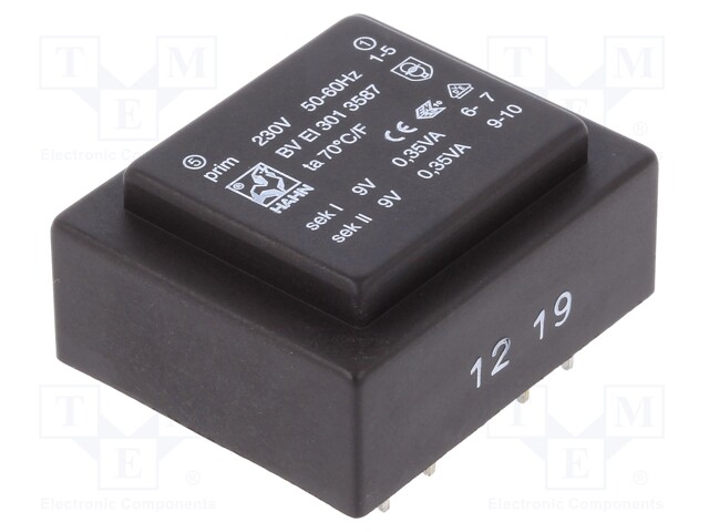 Transformer: encapsulated; 0.7VA; 230VAC; 9V; 9V; 39mA; 39mA; 44g
