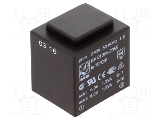 Transformer: encapsulated; 2.6VA; 230VAC; 6V; 6V; 217mA; 217mA; 135g