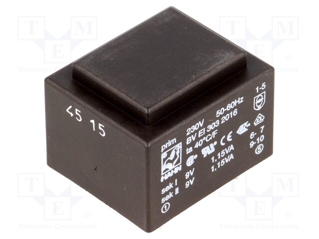 Transformer: encapsulated; 2.3VA; 230VAC; 9V; 9V; 127mA; 127mA; 81g