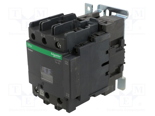 Contactor, TeSys D Series, 80 A, DIN Rail, Panel, 690 VAC, 3PST-NO, 3 Pole, 60 hp
